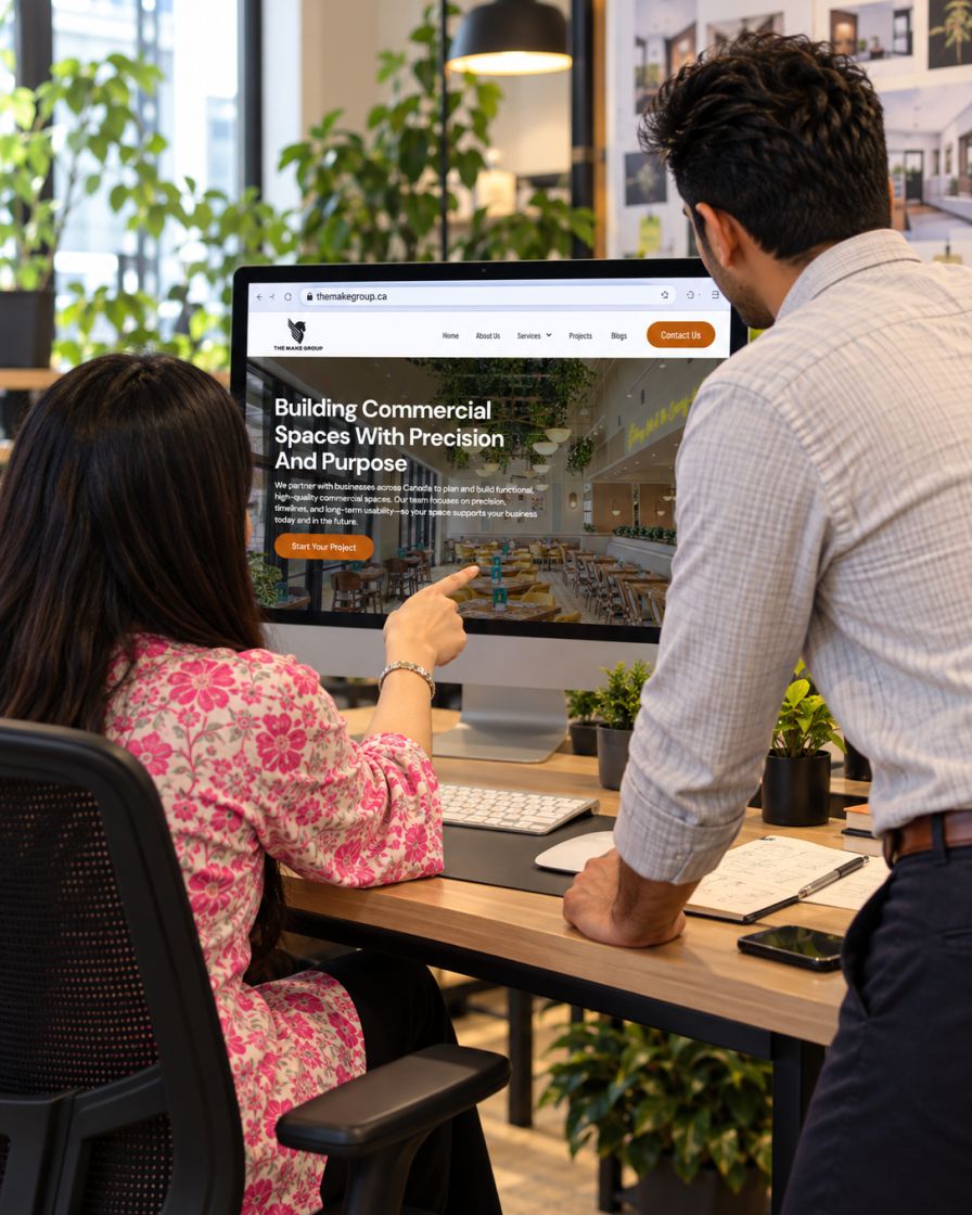 Two people in a bright studio reviewing a website on a large monitor