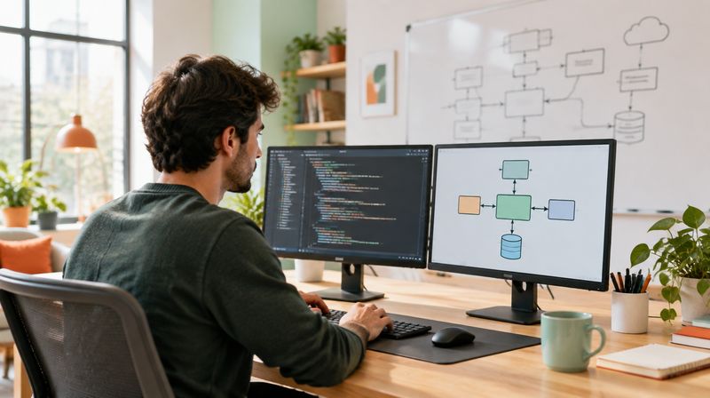 A developer at two monitors showing code and a diagram of connected systems