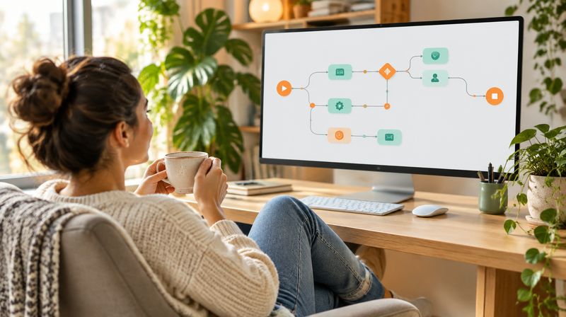 A relaxed person with a coffee in front of a monitor showing a workflow of connected nodes