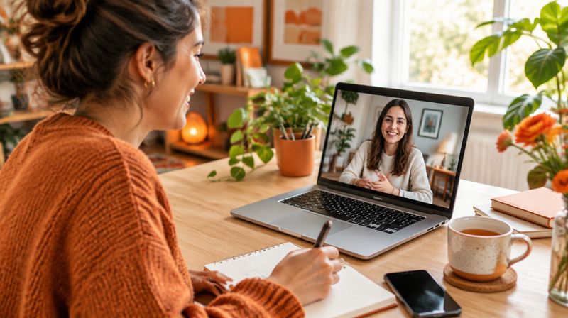 A person on a friendly video call, taking notes beside a laptop