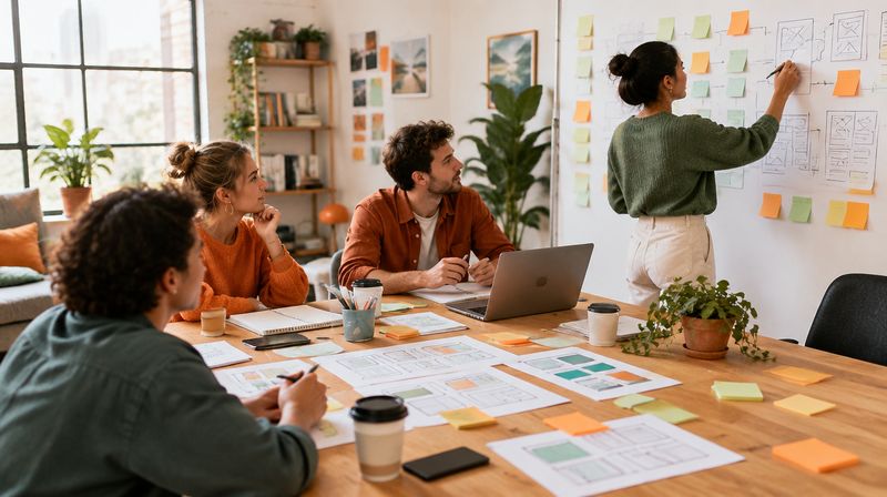 A small team mapping a project with sticky notes and wireframes around a table
