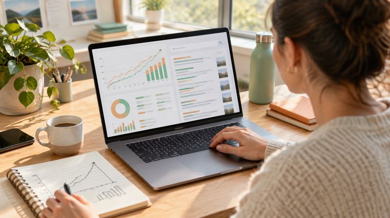 A marketer reviewing website analytics charts on a laptop beside a notebook