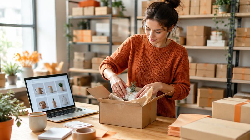 A small shop owner packing an order beside a laptop showing an online product catalogue