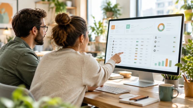 Two colleagues reviewing an admin dashboard with tables and charts on a large monitor