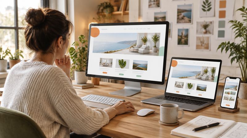 A web designer comparing a responsive website layout on a monitor, a laptop and a phone